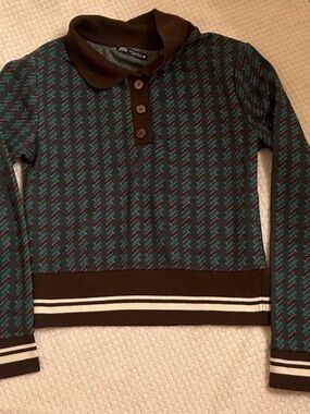 Zara Teal & Brown Patterned Cropped Polo Sweater